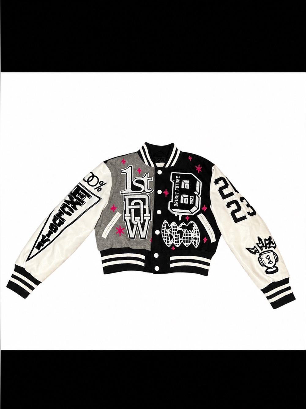 Varsity Cropped Letterman Jacket in Black, White & Gray